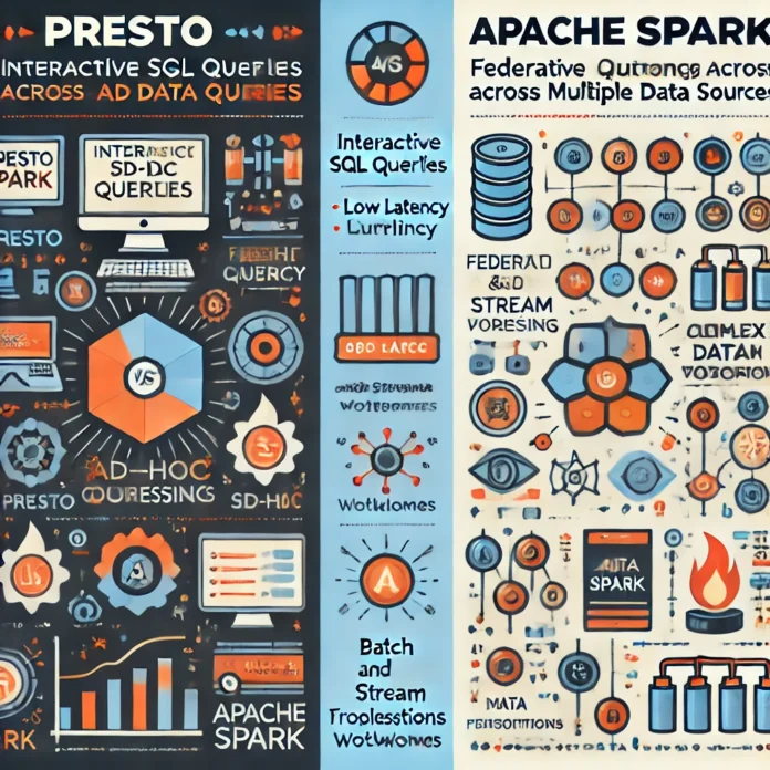 A detailed infographic illustrating the comparison between Presto and Apache Spark for ad-hoc queries. The infographic should have two sections, one f