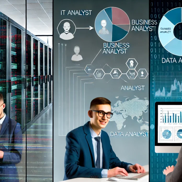 A split-screen image illustrating the roles of IT Analyst, Business Analyst, and Data Analyst in a large-scale company. On the left side, an IT Analys