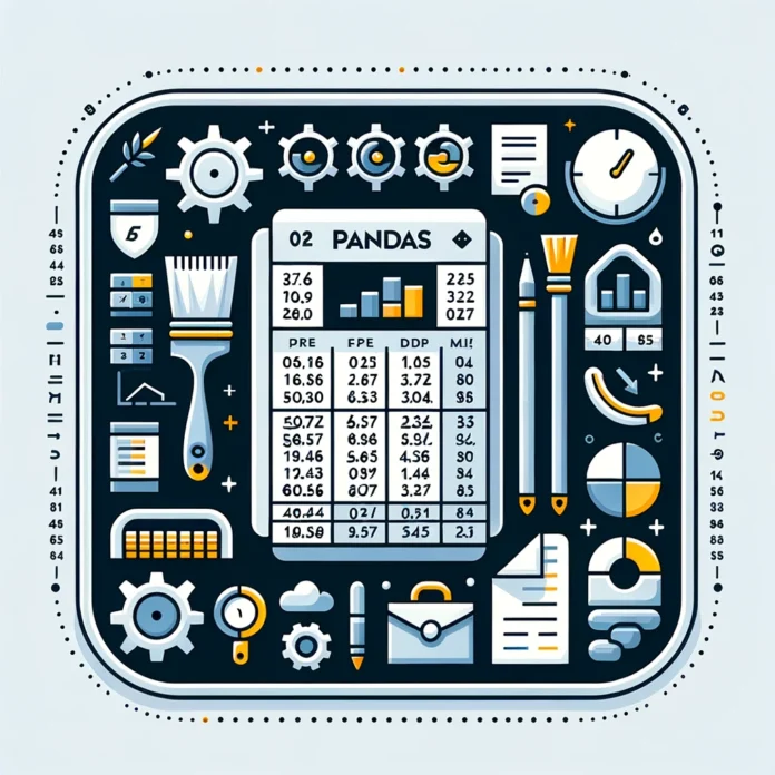 A clean and professional illustration representing the Pandas library in Python. The focus is on a well-organized DataFrame, similar to an Excel sprea