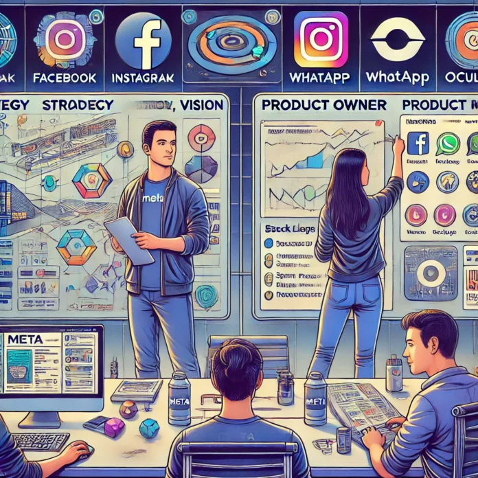 A refined illustration showing the roles of a Product Manager and a Product Owner at Meta (formerly Facebook). On the left, a Product Manager is shown