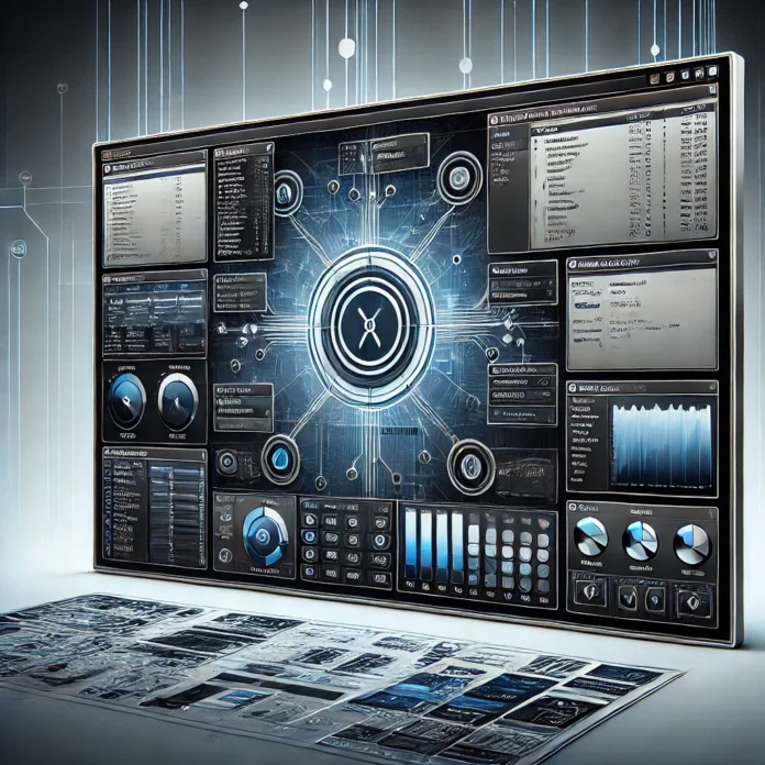 A representation of QNX operating system interface. The screen shows a sleek, minimalist user interface with a real-time operating system layout. Mult