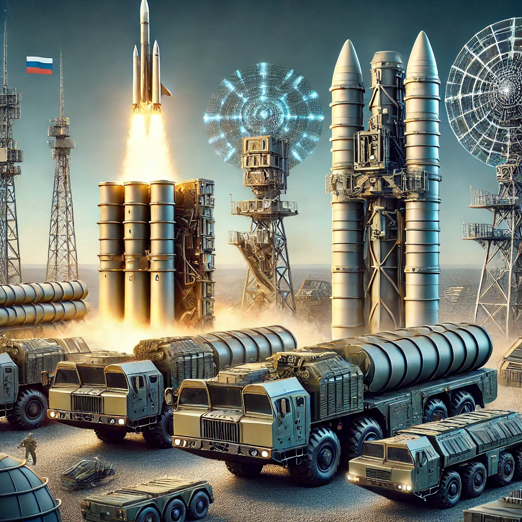 An illustration of the Russian S-400 and S-500 missile defense systems in a military setting. The image features the launch vehicles with long-range m