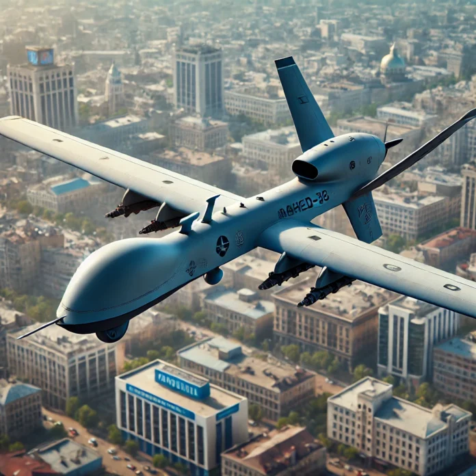 A realistic image of a Shahed-136 kamikaze drone flying over the city of Kyiv. The drone should have a distinctive delta-wing design with a small fuse