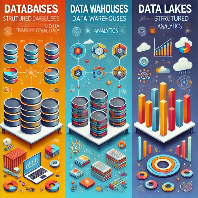 A visually appealing and modern infographic comparing databases, data warehouses, and data lakes. The design should include vibrant colors, sleek icon