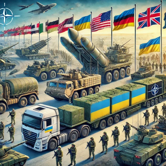 A detailed illustration representing military aid being delivered to Ukraine in 2023 and 2024. The image features various Western military equipment a