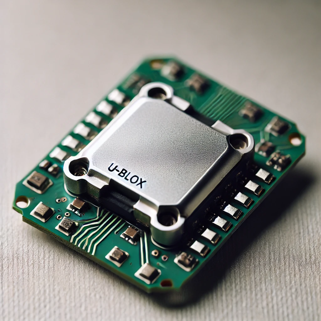  A close-up image of a small rectangular GPS module with a metallic casing. The module is designed for use in drones and has visible circuit board conn