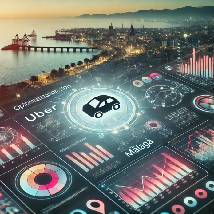 A professional data analytics image for ride-hailing in Málaga, featuring a mix of visual elements like charts, graphs, and geospatial heatmaps on a s