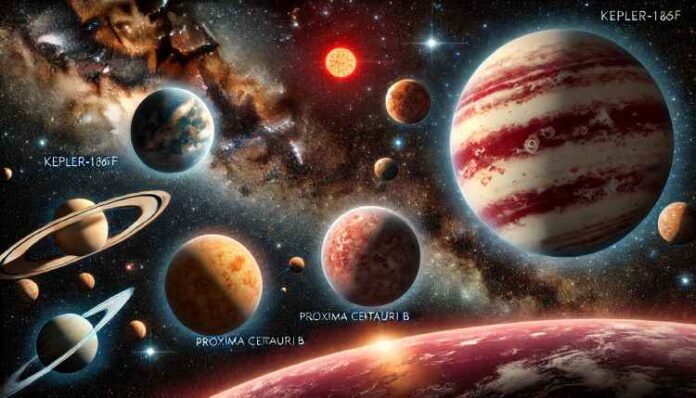 A space-themed image showing three exoplanets, Kepler-186f, Proxima Centauri b, and TRAPPIST-1 system planets, orbiting around distant stars. Kepler-1