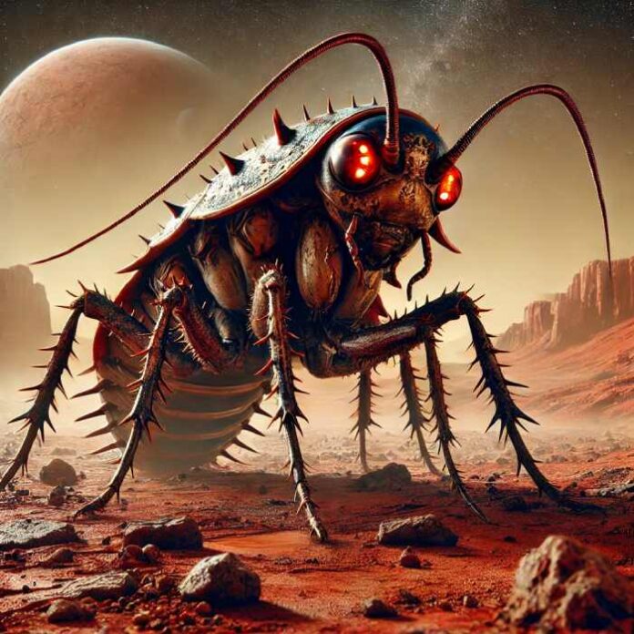 A large, monster-like cockroach on the surface of Mars. The cockroach is towering over the red Martian landscape, with rugged exoskeleton plates, mult