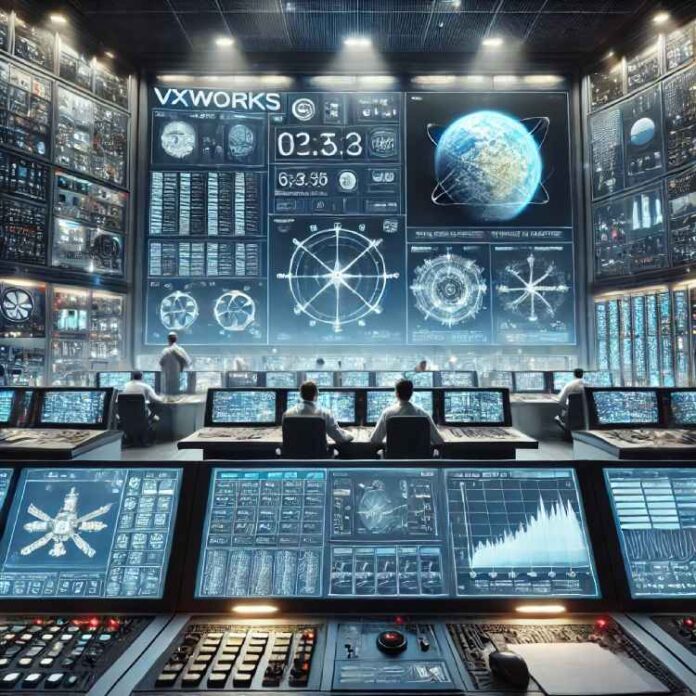 A high-tech control room with multiple screens and a central system running VxWorks, a real-time operating system. The environment features mission-cr