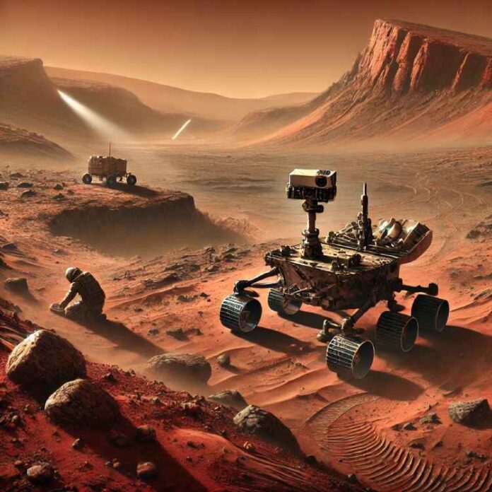 A detailed scene of Mars with the Perseverance, Curiosity, and Zhurong rovers actively exploring the Martian landscape. The Perseverance rover is near