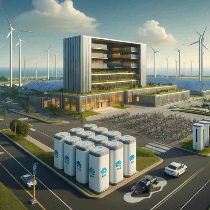 A futuristic campus with a large sleek building with terraces, separate solar and wind farms nearby. The campus has vertical wind turbines, e-car, e-b