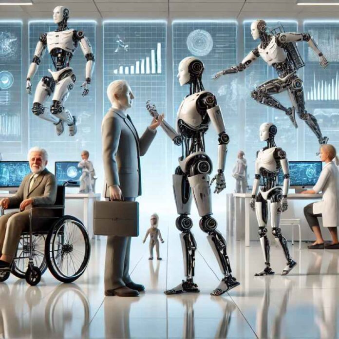 A futuristic scene showcasing a lineup of advanced humanoid robots, each with distinct characteristics_ one robot with lifelike facial expressions int