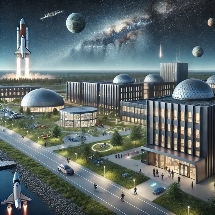 A futuristic university campus in Pärnu focused on space tourism and space programs. The design features sleek, ultra-modern buildings with large wind