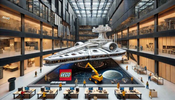 An indoor futuristic university space featuring a massive LEGO spaceship hotel being constructed from 50,000 pieces. The LEGO spaceship hotel is desig