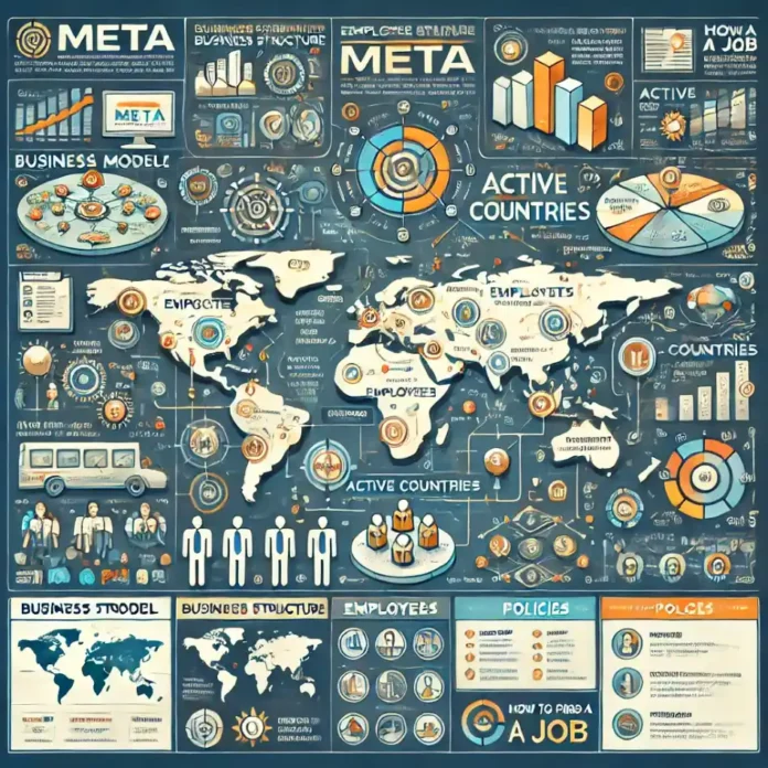 A visually clear infographic depicting Meta's global presence, business structure, employee numbers, policies, and how to find a job at Meta. The info (1)