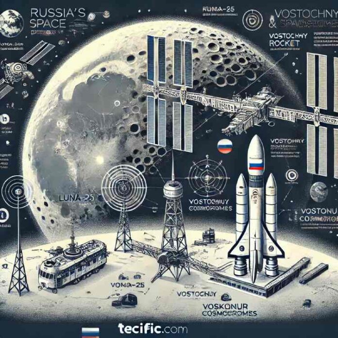 A detailed, stylized infographic illustrating Russia's top space projects. Include elements like the Luna-25 lunar lander on the Moon's surface, a Soy