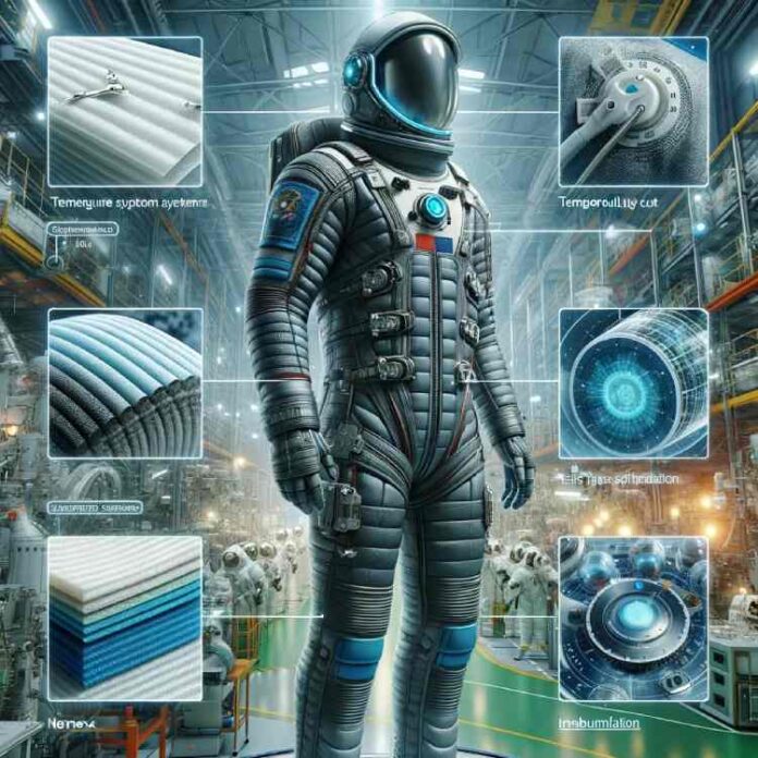 A detailed image showing modern cosmonaut suits being developed in a high-tech factory, featuring advanced materials like Kevlar, Nomex, and layers of