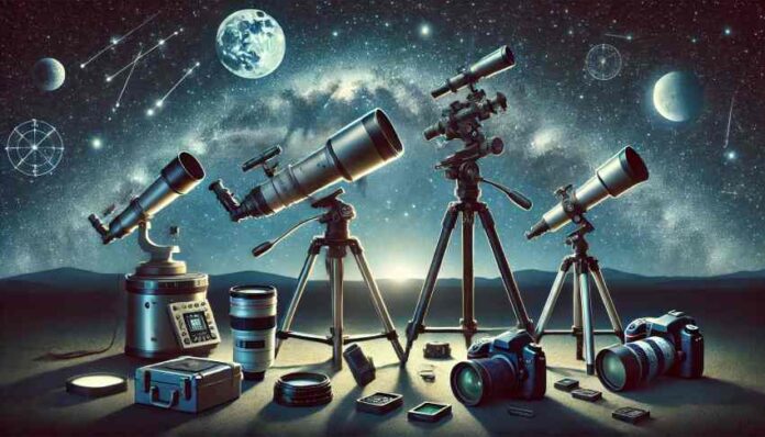 2024-10-28 14.23.56 - An illustration of a space photography setup, showing essential tools and equipment used by astrophotographers. The scene includes a DSLR camera on a