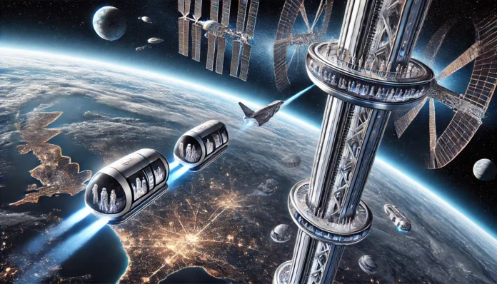 A futuristic illustration of space tourism featuring a towering space elevator extending from Earth's surface into space, with sleek, futuristic telec