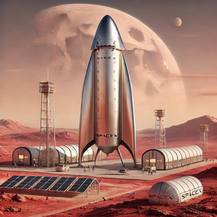 A highly detailed futuristic illustration of the SpaceX Starship in a Martian landscape, highlighting its sleek stainless steel construction, towering