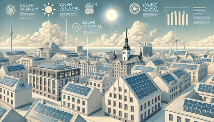 A detailed illustration of Tallinn's cityscape with a focus on rooftops covered in solar panels. The image includes modern buildings and traditional a